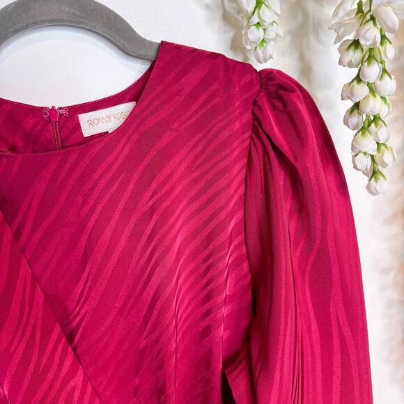 RONNY KOBO Shanaya puff shoulder satin mini dress faux wrap red - Picture 9 of 10